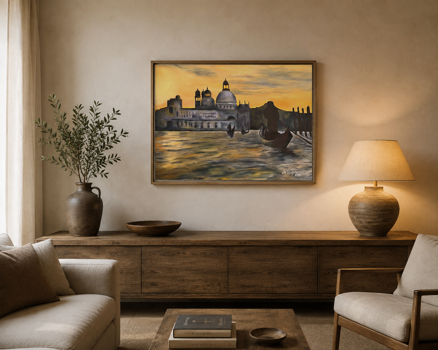Sunset in Venice painting displayed in a contemporary interior
